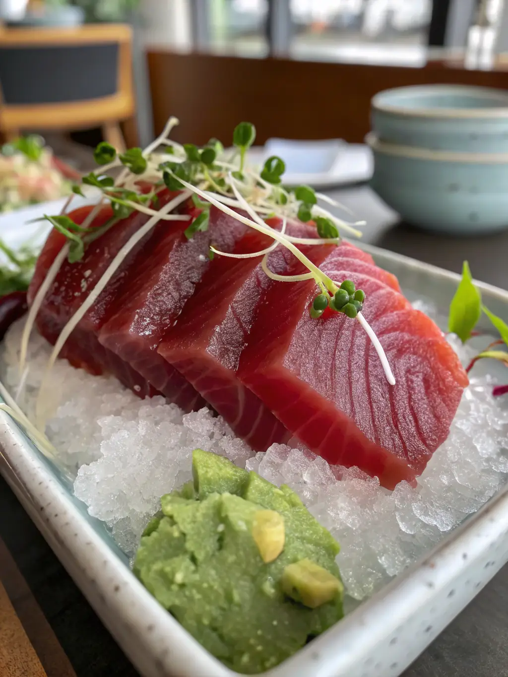 A beautifully plated arrangement of Yoko Sushi's premium sashimi, featuring glistening slices of tuna, salmon, and yellowtail, garnished with delicate seaweed and edible flowers.