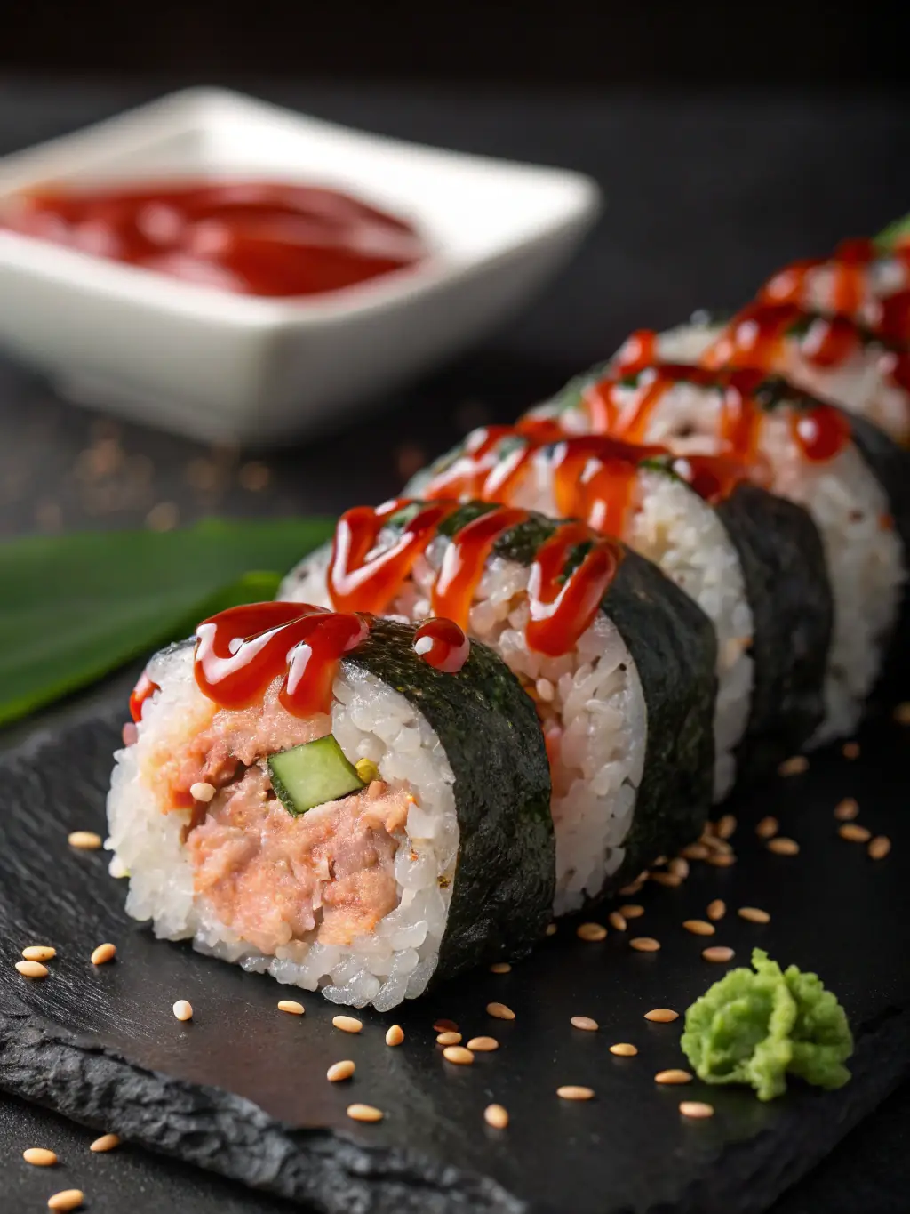 Image of a spicy tuna roll with a fiery red sauce drizzled on top, highlighting the heat and flavor.