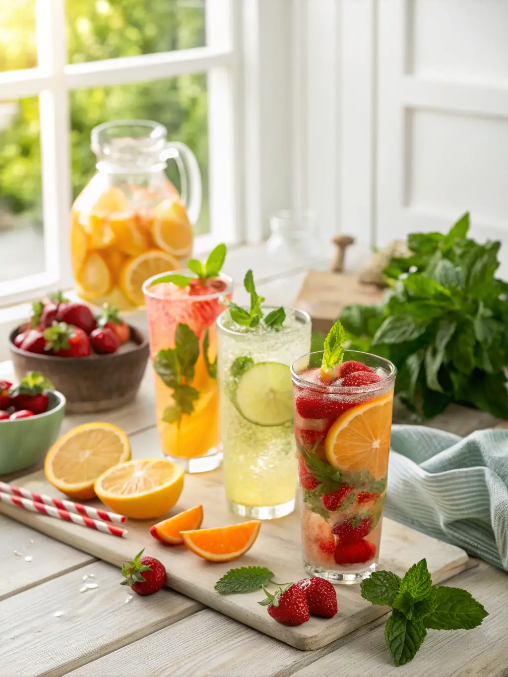 A refreshing assortment of Yoko Sushi's non-alcoholic beverages, including traditional Japanese teas, fruit-infused waters, and specialty sodas, displayed on a wooden bar.