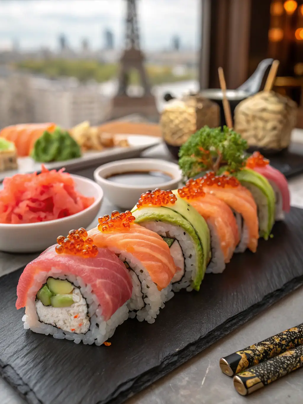 A colorful image of a variety of vegan sushi rolls, showcasing the creative use of vegetables and plant-based ingredients.