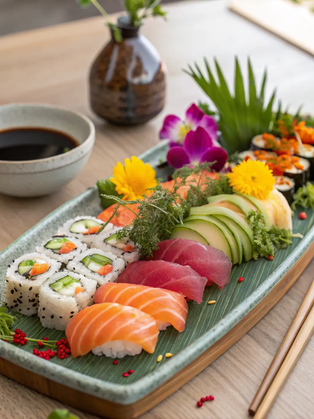 Image of a beautifully arranged sashimi platter with various types of fish, showcasing the freshness and quality.