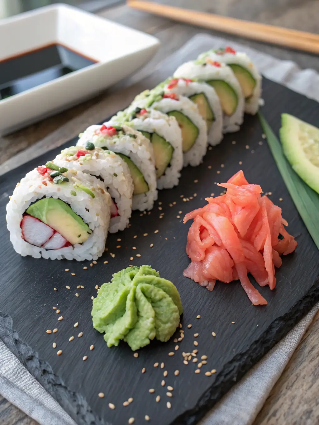 Close-up shot of a California roll with avocado, crab meat, and cucumber, showcasing the vibrant colors and textures.